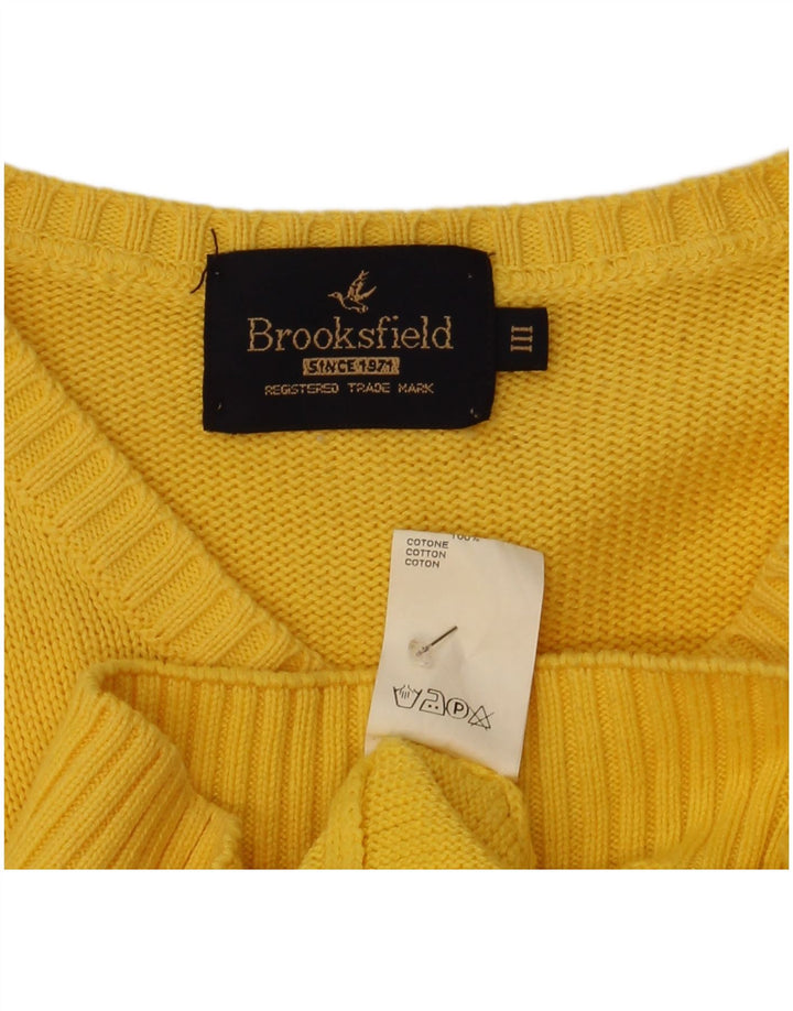 Męski sweter Brooksfield z dekoltem w szpic, średniożółty, bawełniany