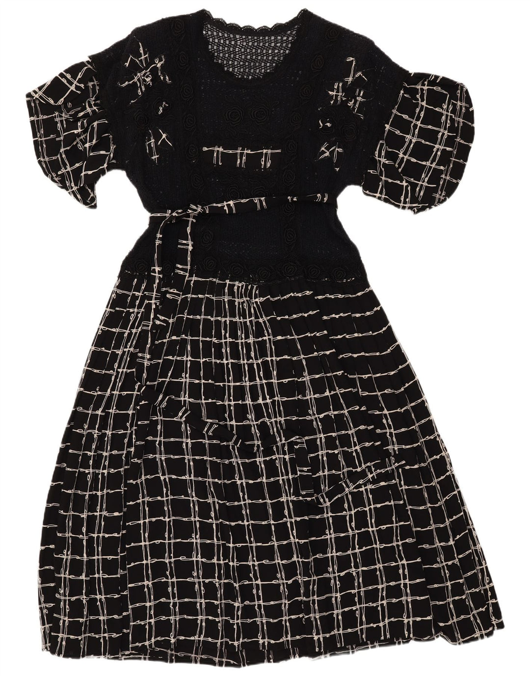 VINTAGE damska szydełkowa sukienka maxi UK 12 w średnią czarną kratkę