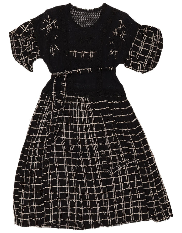 VINTAGE damska szydełkowa sukienka maxi UK 12 w średnią czarną kratkę