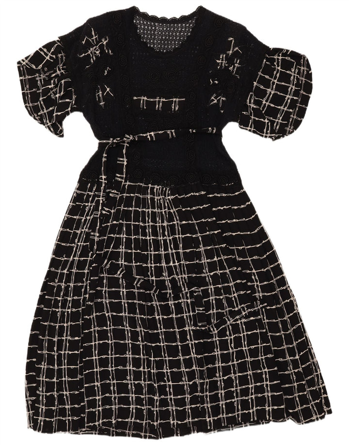 VINTAGE damska szydełkowa sukienka maxi UK 12 w średnią czarną kratkę