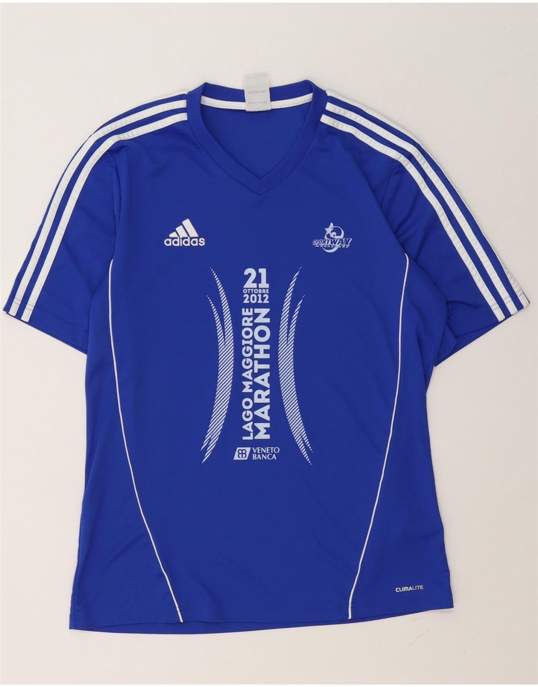 Męska koszulka Adidas Climalite z grafiką Top, średni niebieski poliester