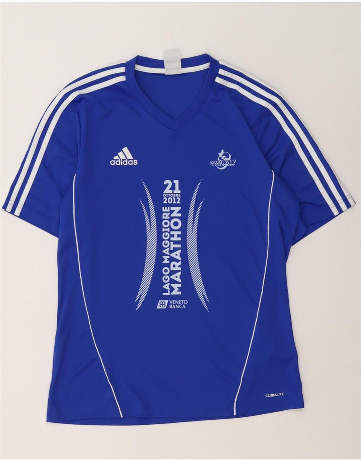 Męska koszulka Adidas Climalite z grafiką Top, średni niebieski poliester