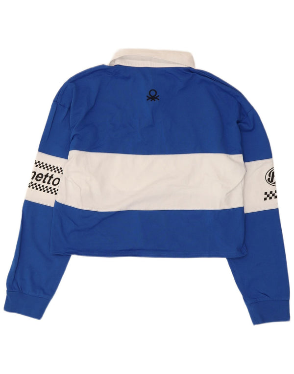 Benetton Womens Crop Graphic Rugby Polo Shirt UK 14 Medium Blue Colourblock