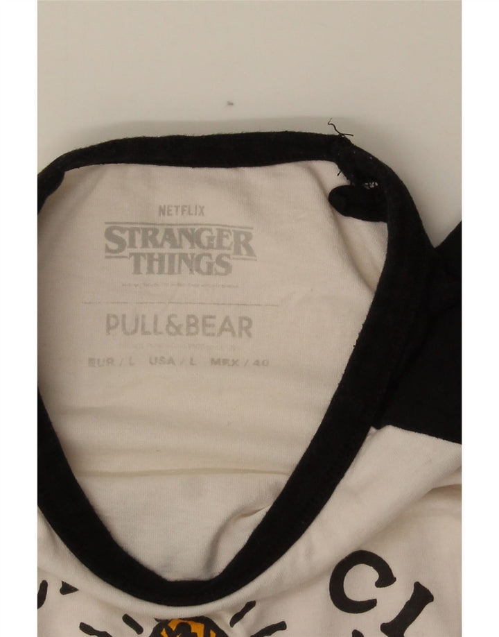 Męski T-shirt z grafiką Pull & Bear, duży, biały, bawełniany z blokami kolorów