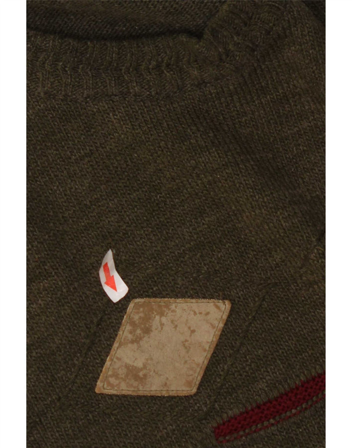 Vintage męski sweter z okrągłym dekoltem, średni khaki argyle/diament