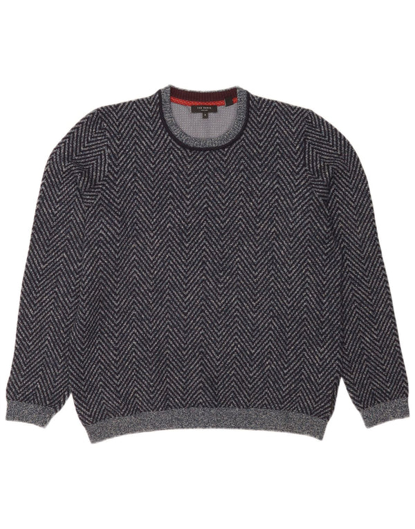 Męski sweter Ted Baker z okrągłym dekoltem, rozmiar 5 XL, granatowy, bawełniany w jodełkę