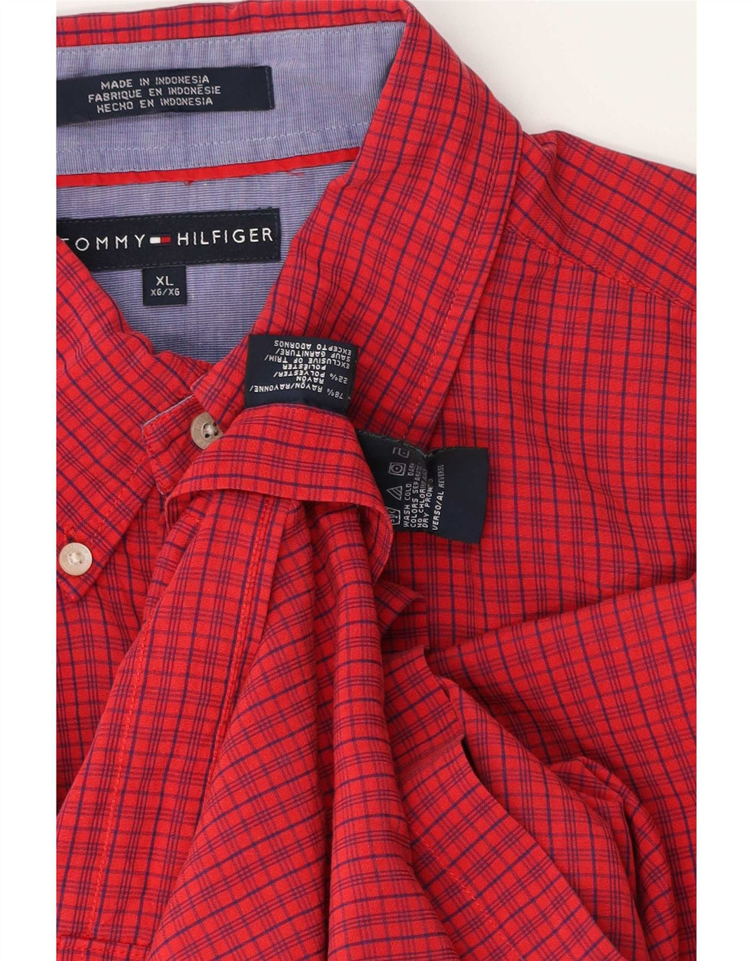 Męska koszula z krótkim rękawem Tommy Hilfiger XL w czerwoną kratkę ze sztucznego jedwabiu