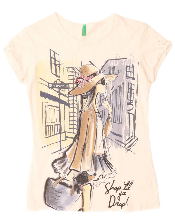 Dziewczęca koszulka z grafiką BENETTON 11-12 lat 2XL Biała bawełna