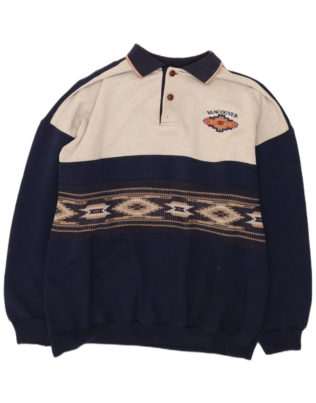 Męska bluza polo w stylu vintage, sweter XL, granatowy, poliester z blokami kolorów