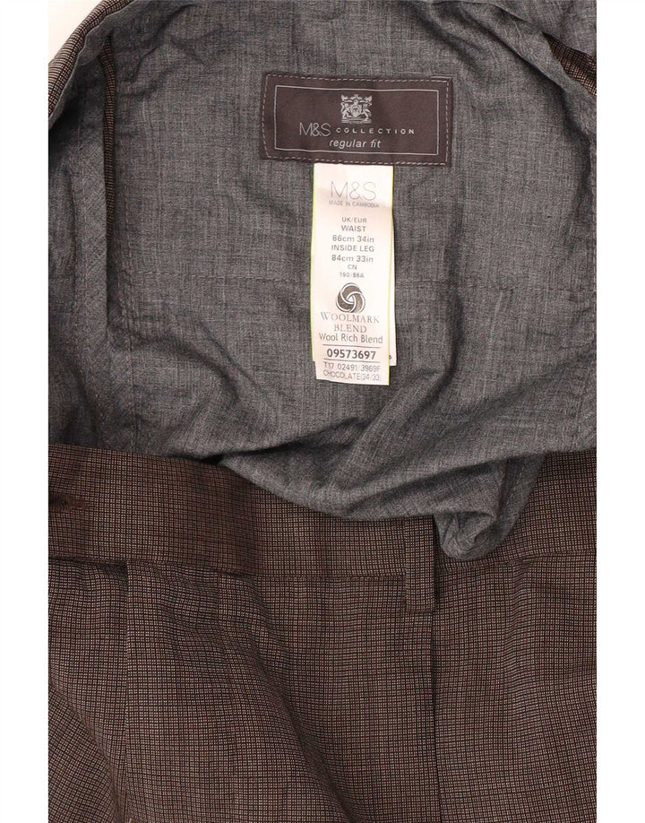 Męskie spodnie garniturowe Marks & Spencer o regularnym kroju W34 L33 w brązową kratkę