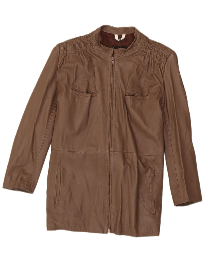 Vintage damski płaszcz skórzany UK 14 ze średniej brązowej skóry