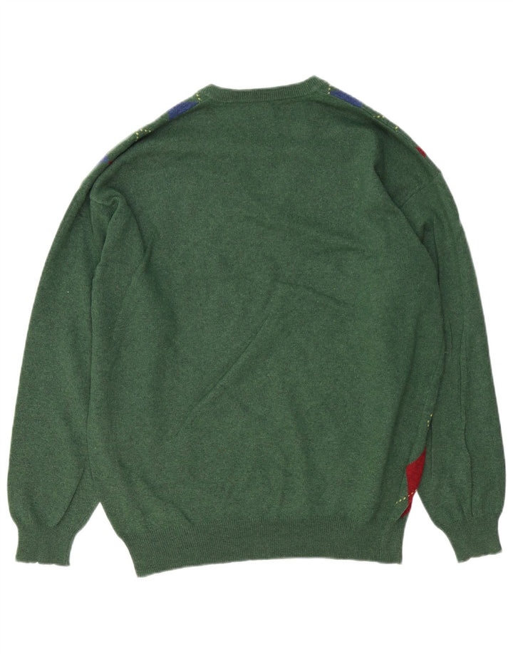 BENETTON Męski sweter z dekoltem w kształcie litery V, średni zielony Argyle/diamentowa wełna