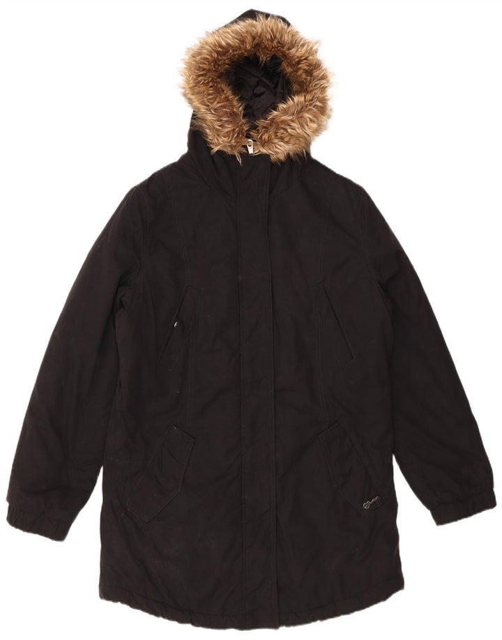Damska kurtka parka oversize GUESS z kapturem UK 8, mała, czarna, bawełniana