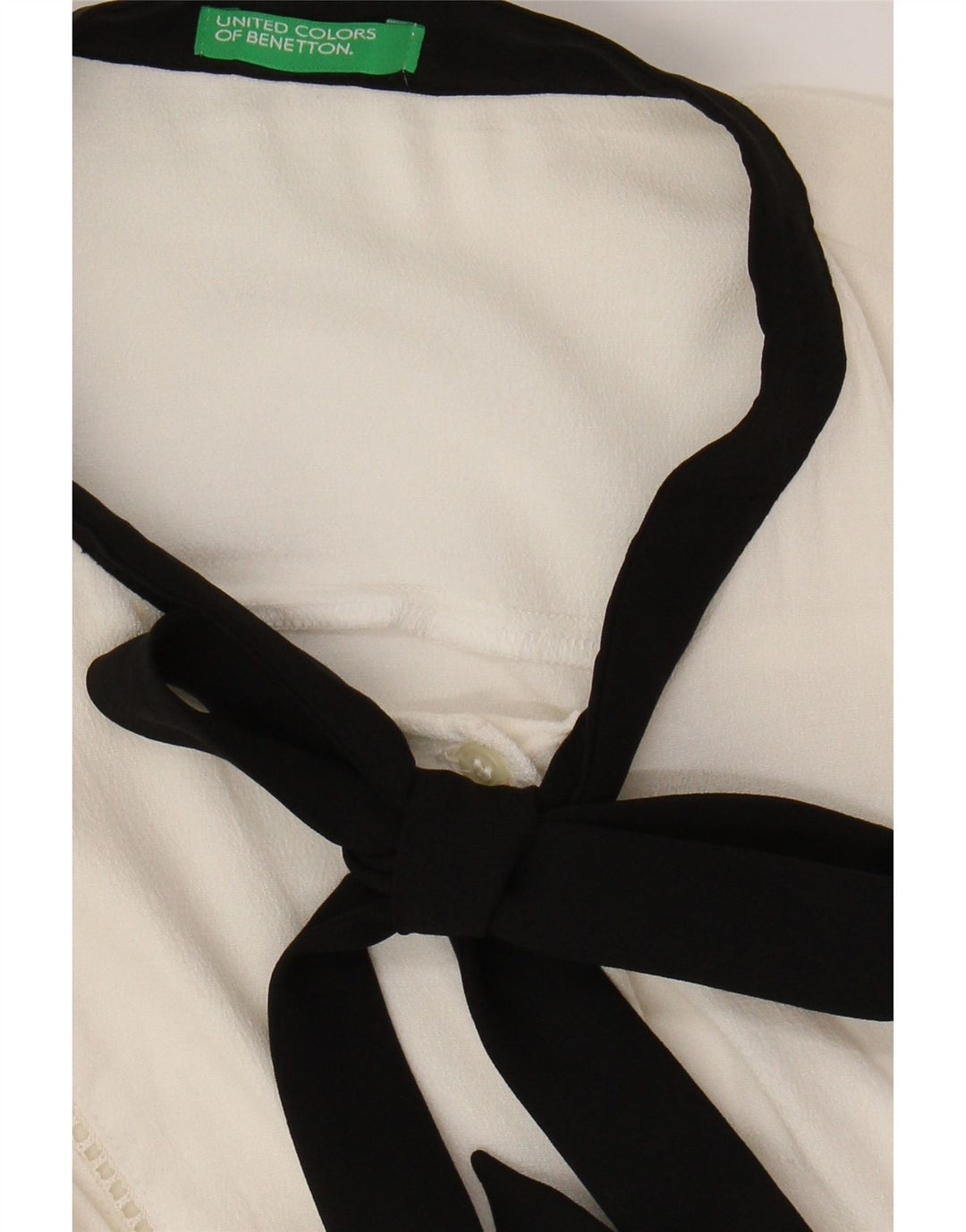 Damska bluzka koszulowa z muszką BENETTON UK 16, duża, biała wiskoza z blokami kolorów