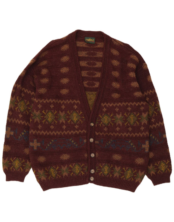 Vintage męski sweter kardigan IT 50 średni brąz Fair Isle Alpaca Wool