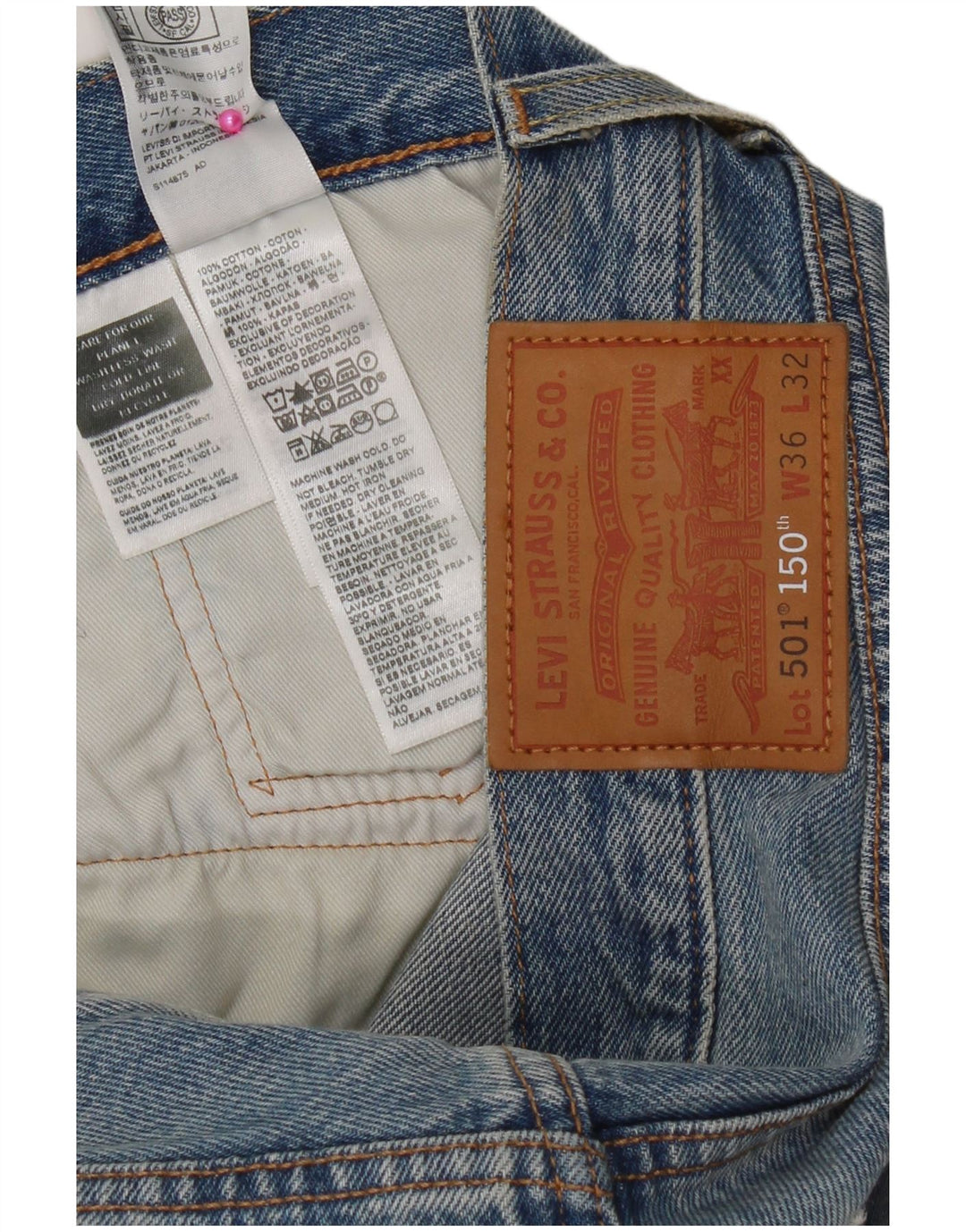 Męskie dżinsy Levi's 501 Straight W36 L32 Niebieskie patchworkowe bawełniane