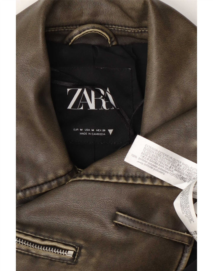 Damska kurtka motocyklowa Zara ze sztucznej skóry, UK 14, średni khaki, poliester