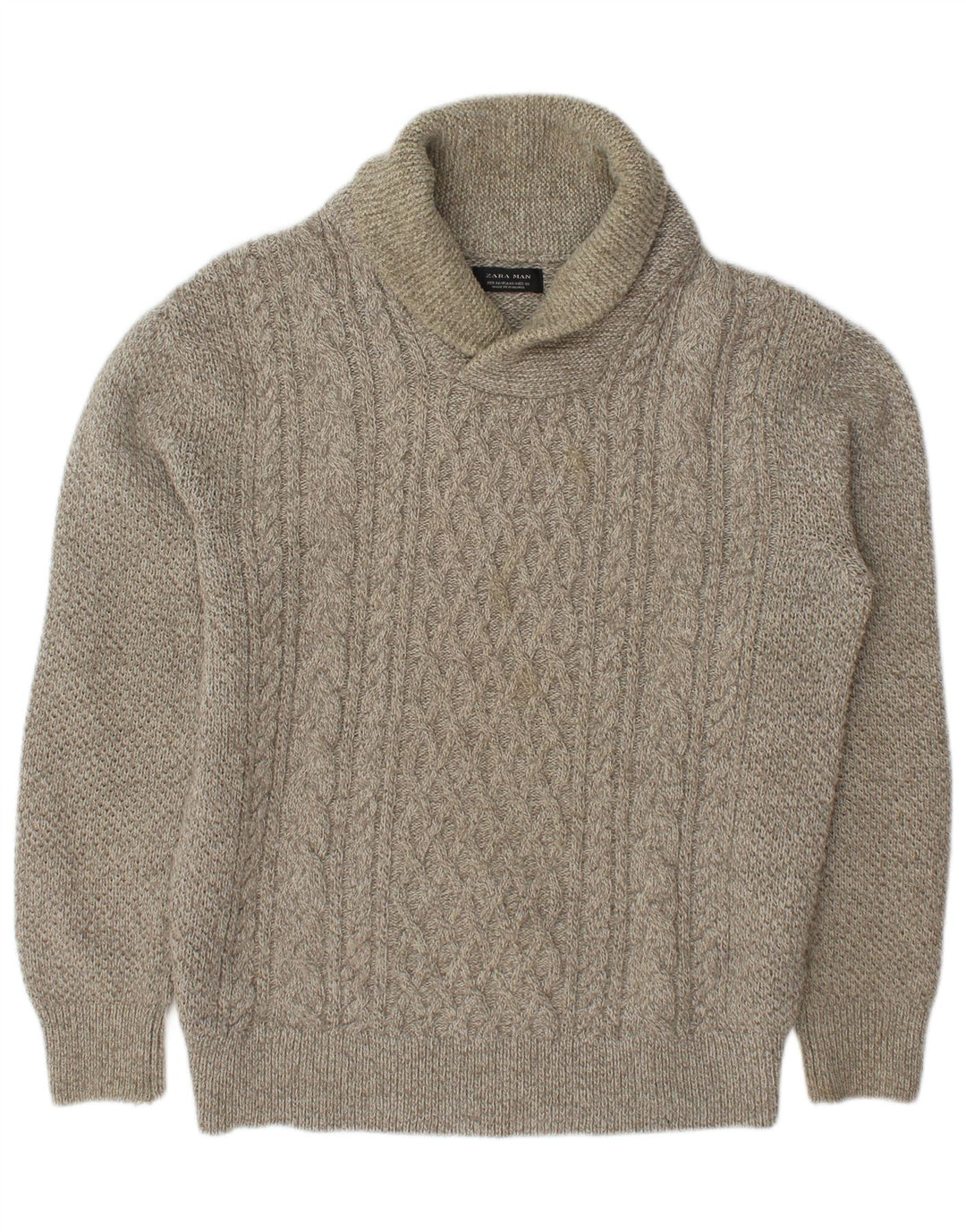 Męski sweter Zara z szalowym dekoltem, średni beż, nakrapiany akryl
