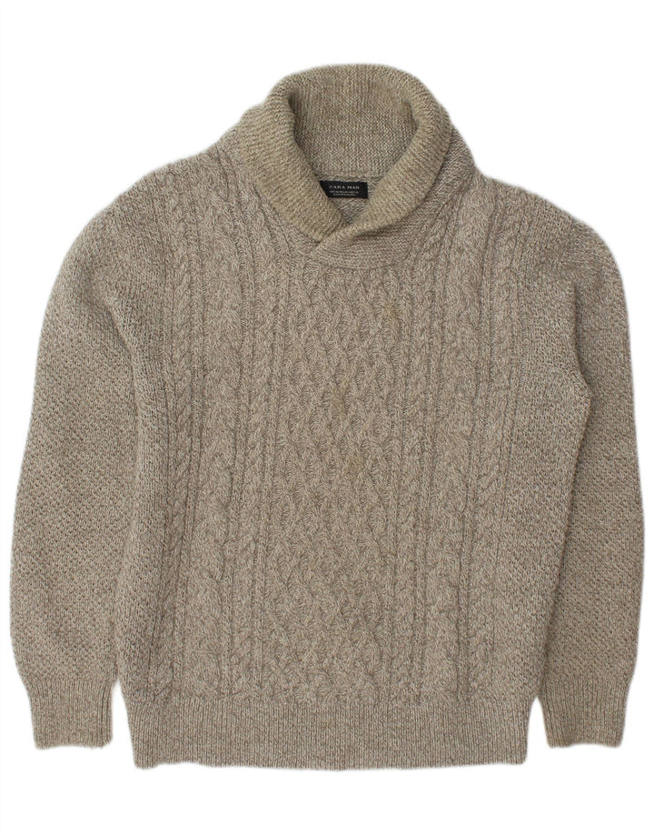 Męski sweter Zara z szalowym dekoltem, średni beż, nakrapiany akryl