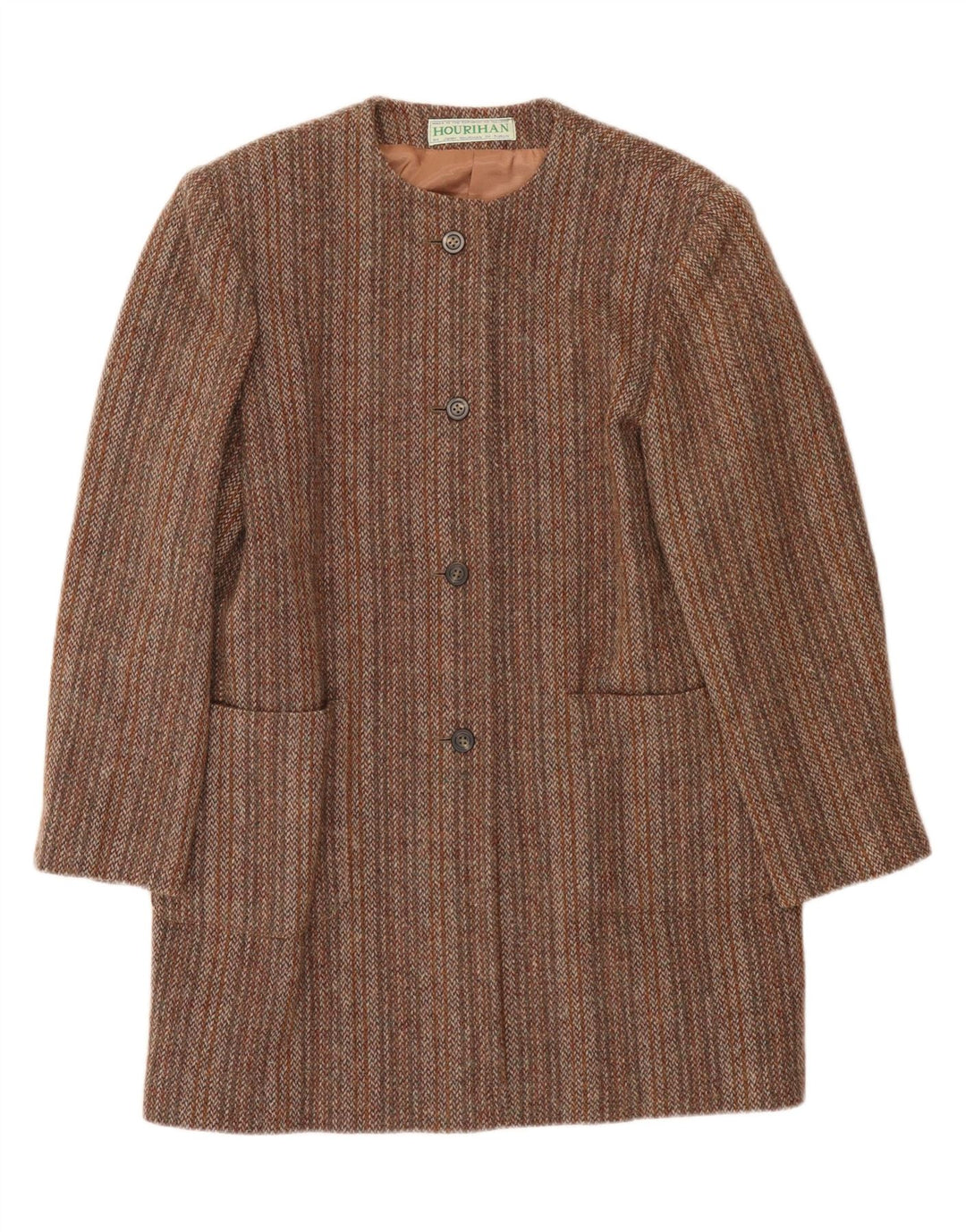 JIMMY HOURIHAN Womens Overcoat UK 16 Large Brown Herringbone New Wool Vintage Jimmy Hourihan and Second-Hand Jimmy Hourihan from Messina Hembry 