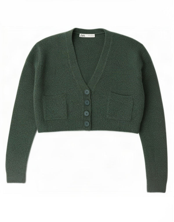 Zara damski sweter o luźnym kroju, krótki sweter UK 10 mały zielony akryl