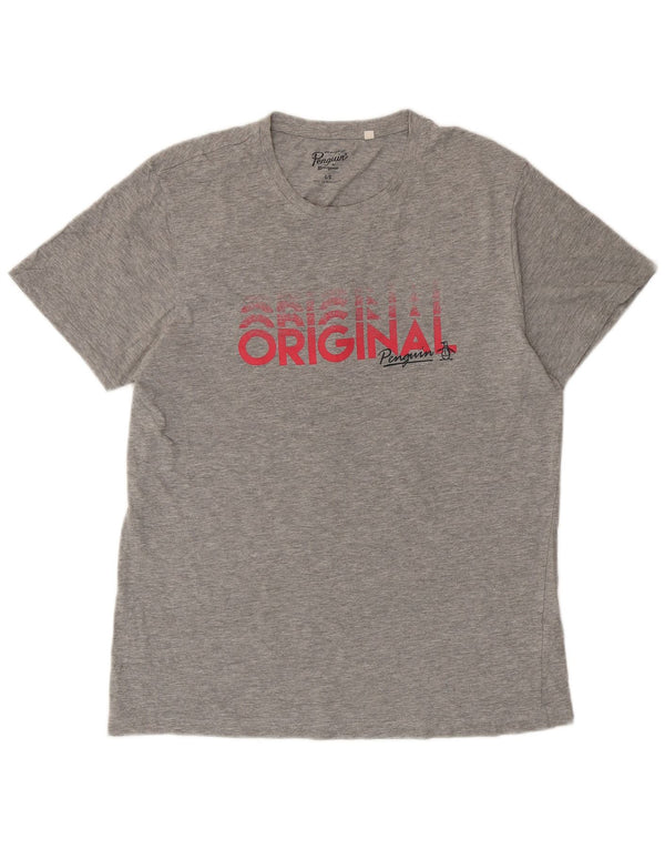 Męski T-shirt z grafiką Pingwin, duży, szary, nakrapiany bawełniany