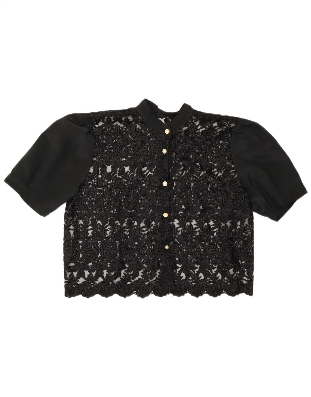 Vintage damska, krótka, prześwitująca bluzka koszulowa UK 14, średnia czarna w kwiaty