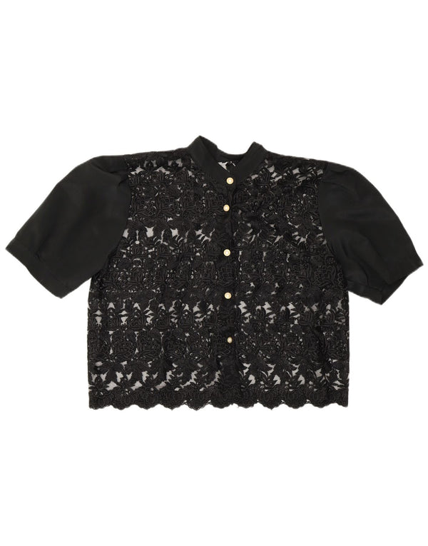 Vintage damska, krótka, prześwitująca bluzka koszulowa UK 14, średnia czarna w kwiaty