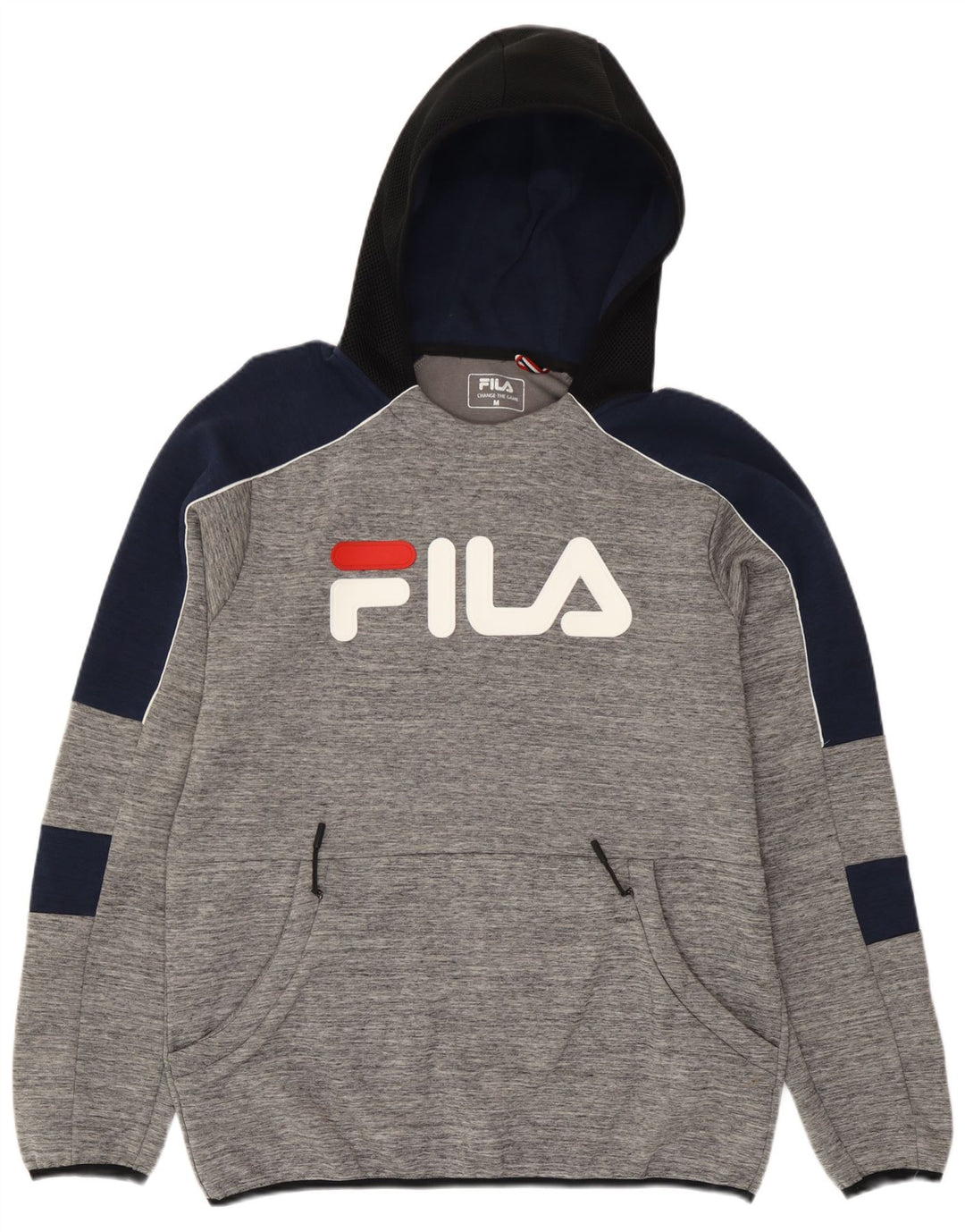 Męski sweter z kapturem Fila, bawełniany, średnioszary, z blokami kolorów