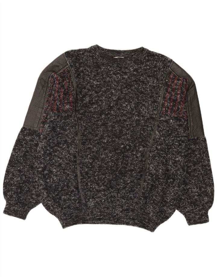 Vintage męski sweter z okrągłym dekoltem duży czarny z wełny w łatki