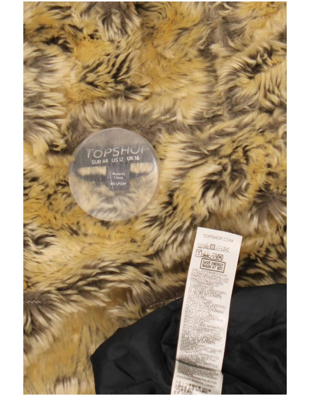 Damska kurtka Sherpa Parka z kapturem Topshop UK 16, duża, czarna, poliester