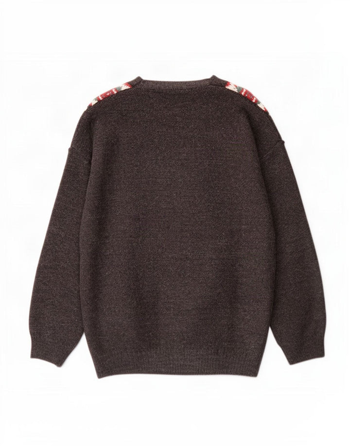 Męski sweter w stylu vintage z dekoltem w szpic, duży, szary, geometryczny akryl