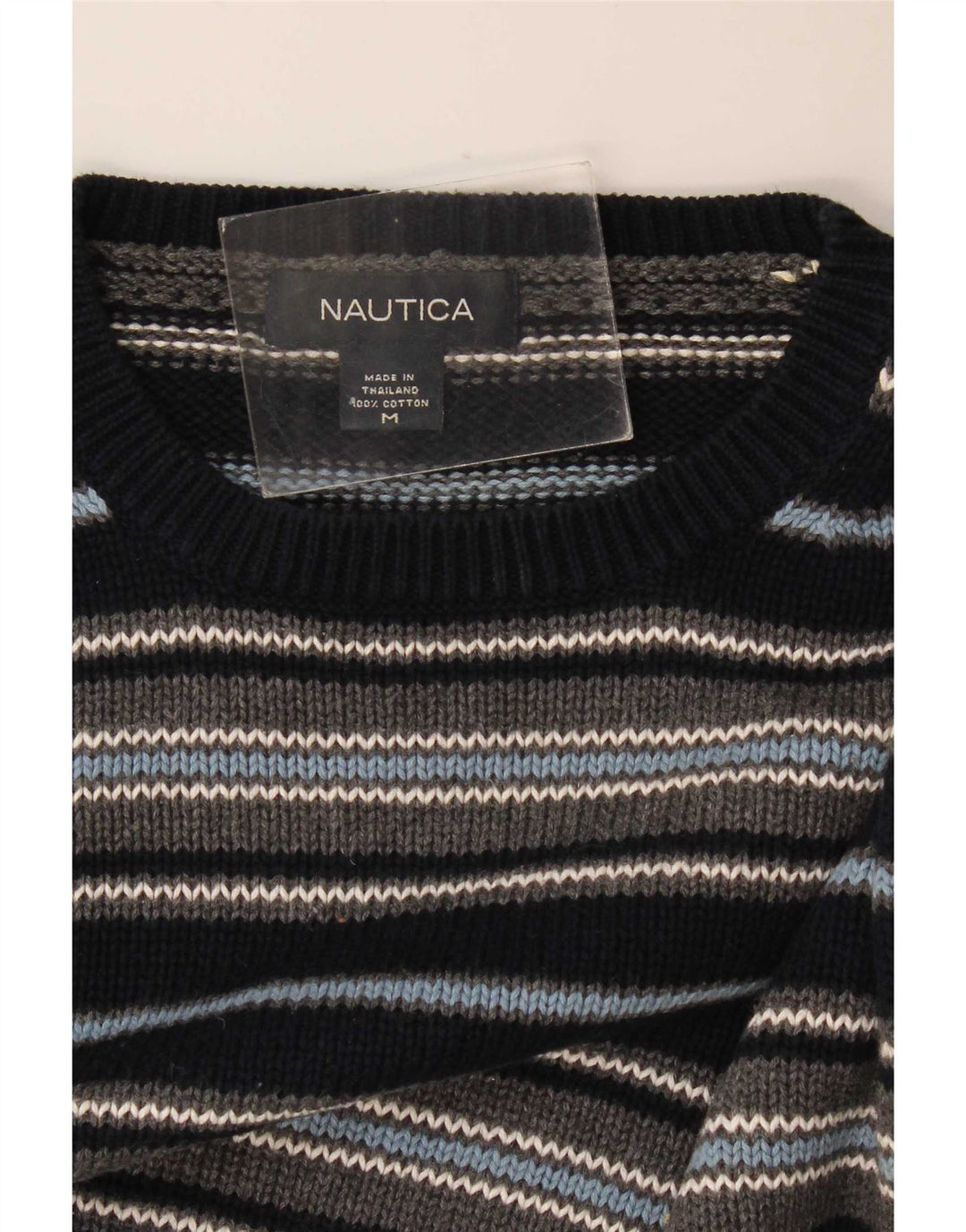 Męski sweter Nautica z okrągłym dekoltem, bawełniany, w kolorze średniego granatu w paski