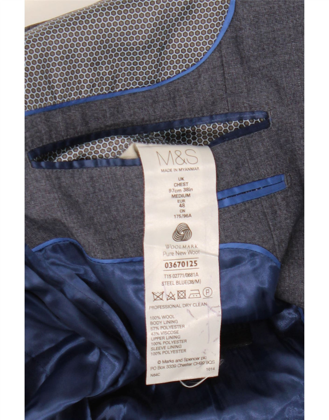 Marks & Spencer Męska marynarka zapinana na 1 guzik UK 38 Średnioniebieska wełna