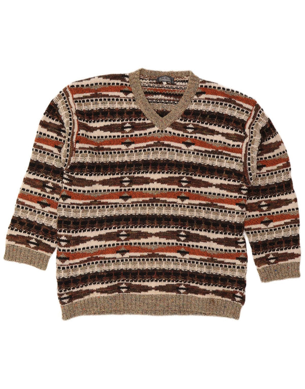 Męski sweter z dekoltem w serek Alcatraz XL, wielobarwna, geometryczna wełna