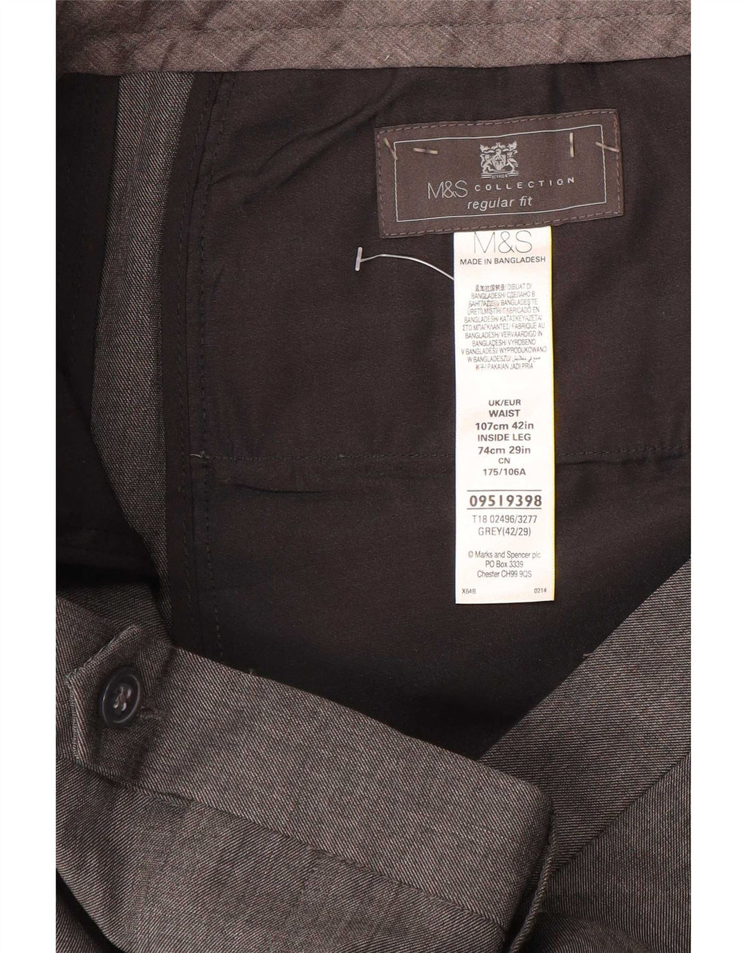 Męskie spodnie garniturowe Marks & Spencer o regularnym kroju W42 L29 Szary poliester