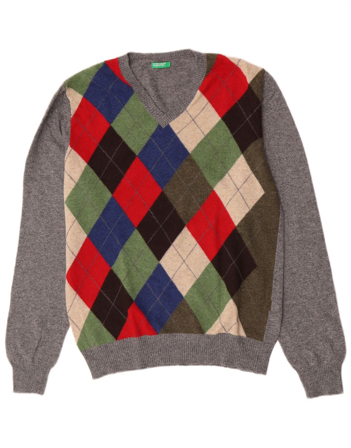 Męski sweter Benetton z dekoltem w kształcie litery V, średnioszary, argyle/diamentowa wełna