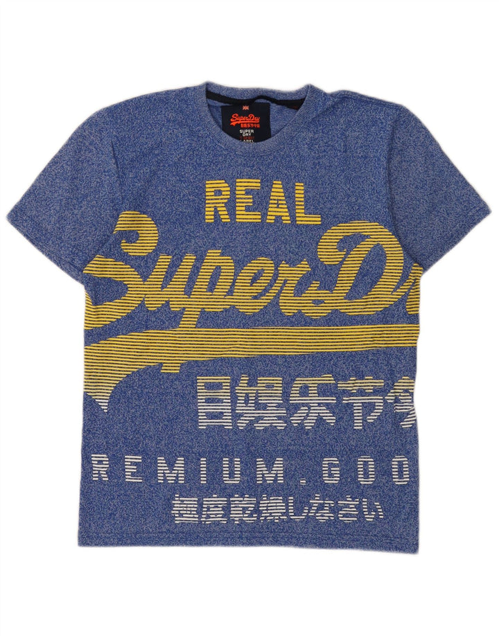 SUPERDRY Męski T-shirt z prawdziwą grafiką, mały, niebieski, nakrapiany bawełniany