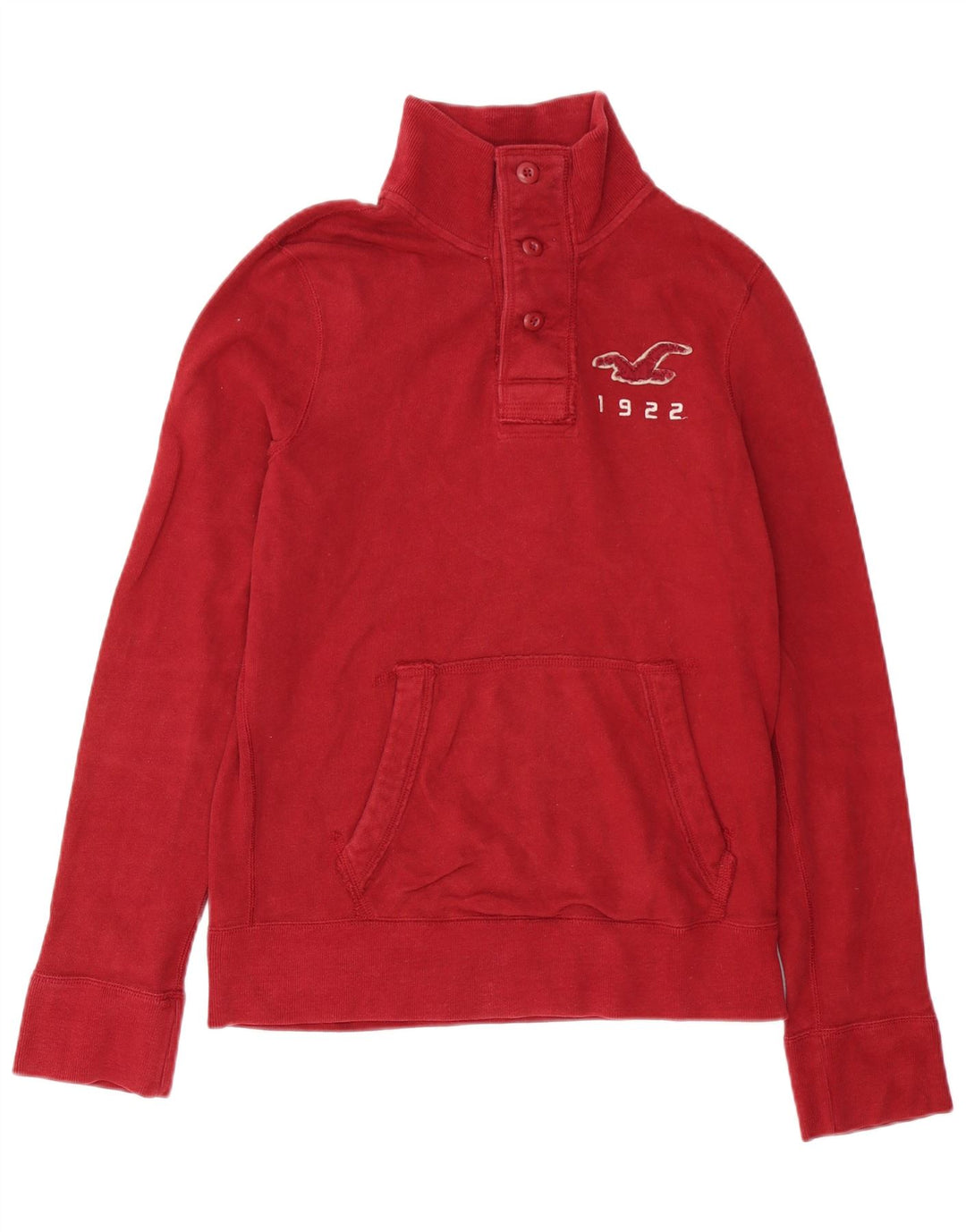 Męski sweter Hollister z graficznymi guzikami i dekoltem w kolorze średniej czerwieni, bawełniany