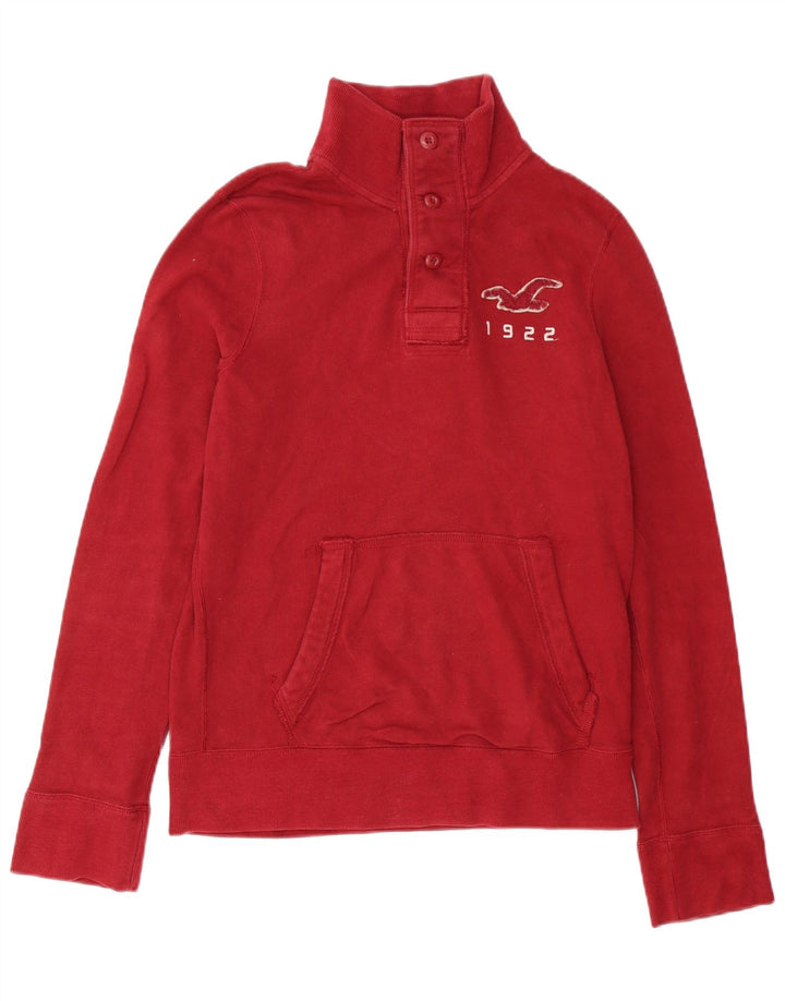 Męski sweter Hollister z graficznymi guzikami i dekoltem w kolorze średniej czerwieni, bawełniany