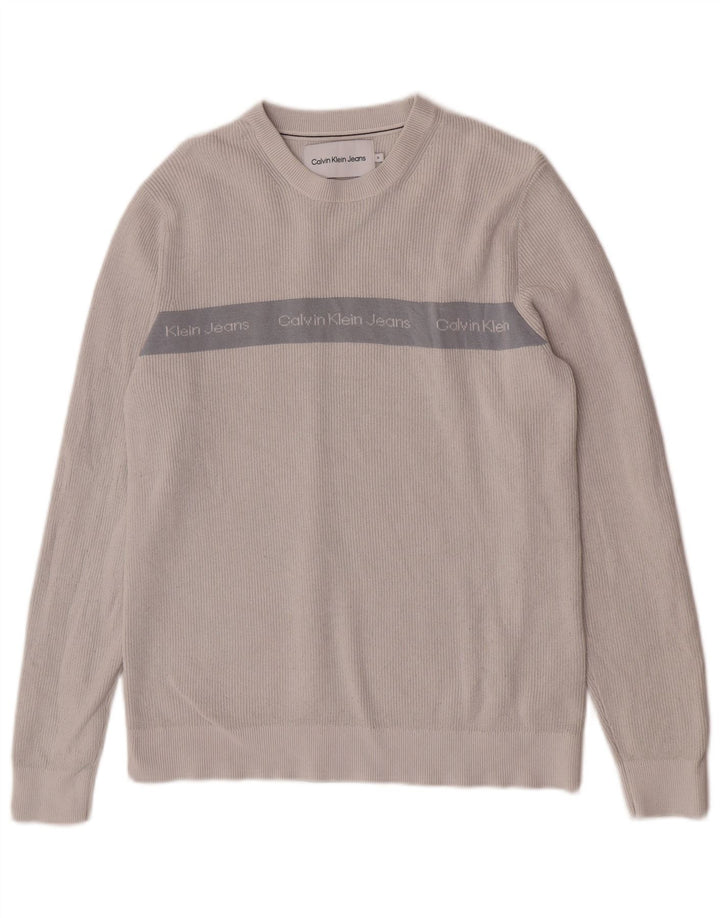 Męski sweter z okrągłym dekoltem Calvin Klein Jeans, średnioszary, z blokami kolorów