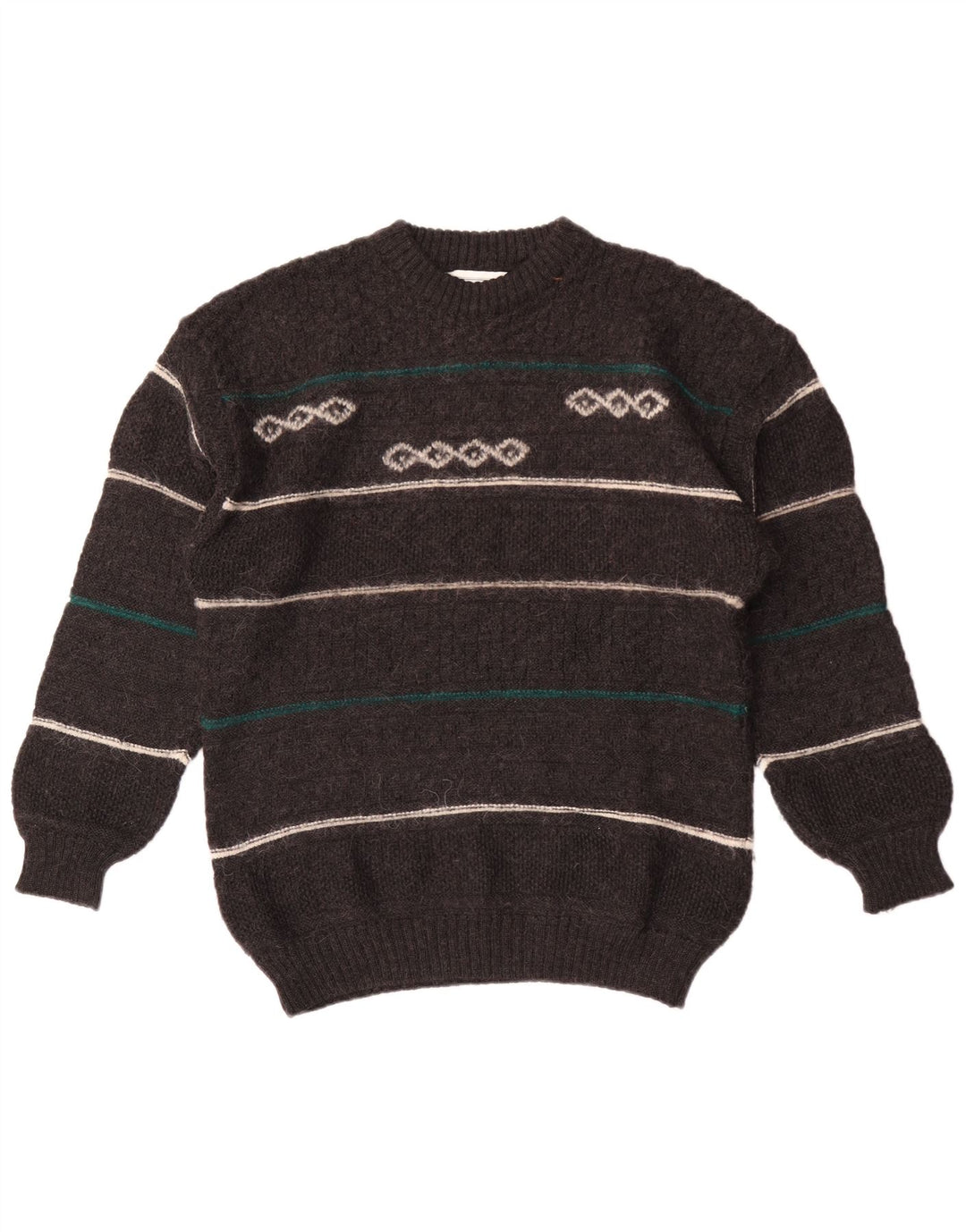 Vintage męski sweter z wycięciem pod szyją, średniej szarej wełny w paski