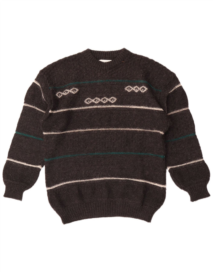 Vintage męski sweter z wycięciem pod szyją, średniej szarej wełny w paski