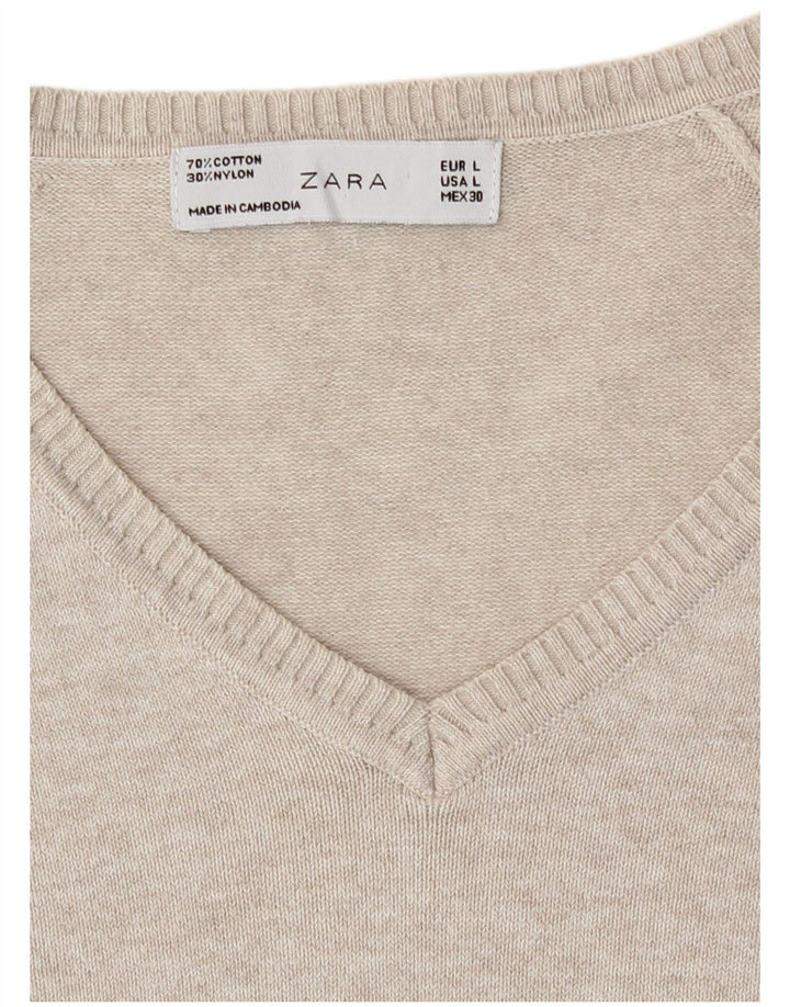Sweter damski Zara z dekoltem w kształcie litery V, UK 14, duży, beżowy