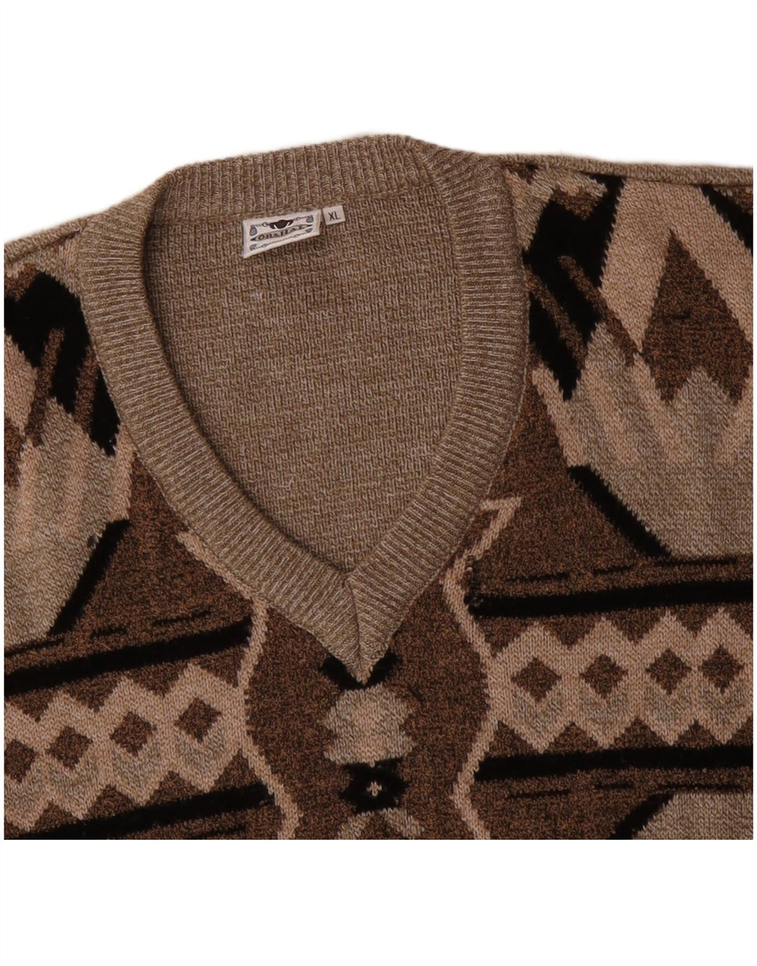 VINTAGE Męski sweter z dekoltem w kształcie litery V, XL, brązowy, geometryczny