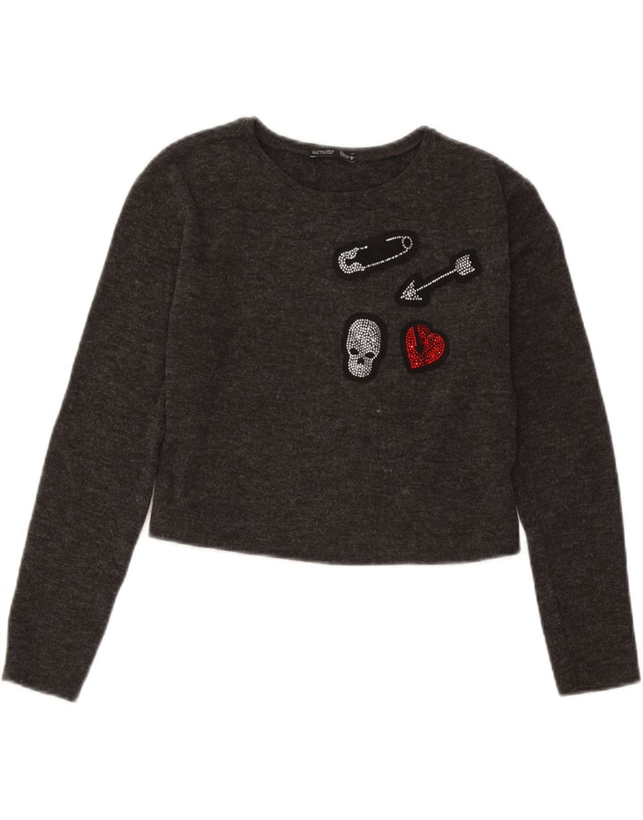 Damski krótki top Zara z grafiką z długim rękawem, UK 10, mały, szary