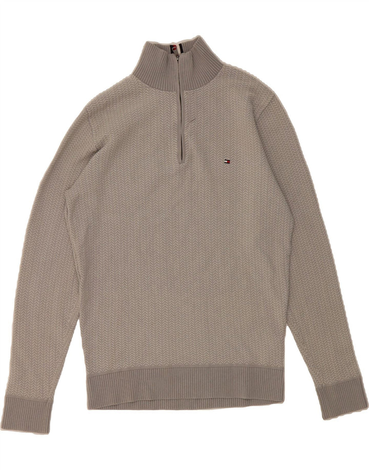 TOMMY HILFIGER Mens Zip Neck Jumper Sweater Medium Grey Chevron Cotton Vintage Tommy Hilfiger and Second-Hand Tommy Hilfiger from Messina Hembry 
