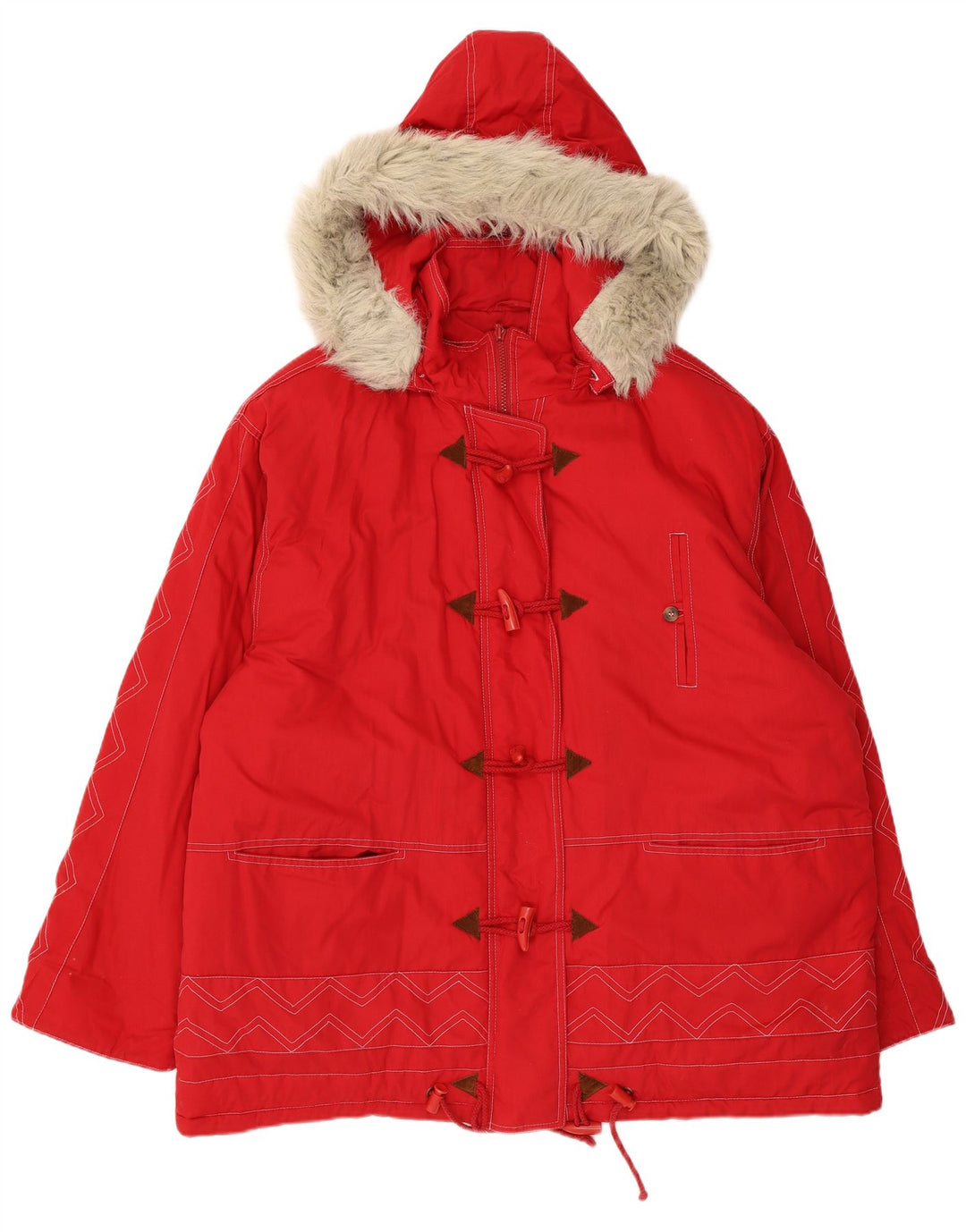 Damska kurtka parka z kapturem w stylu vintage UK 24 4XL Czerwony Chevron Poliester