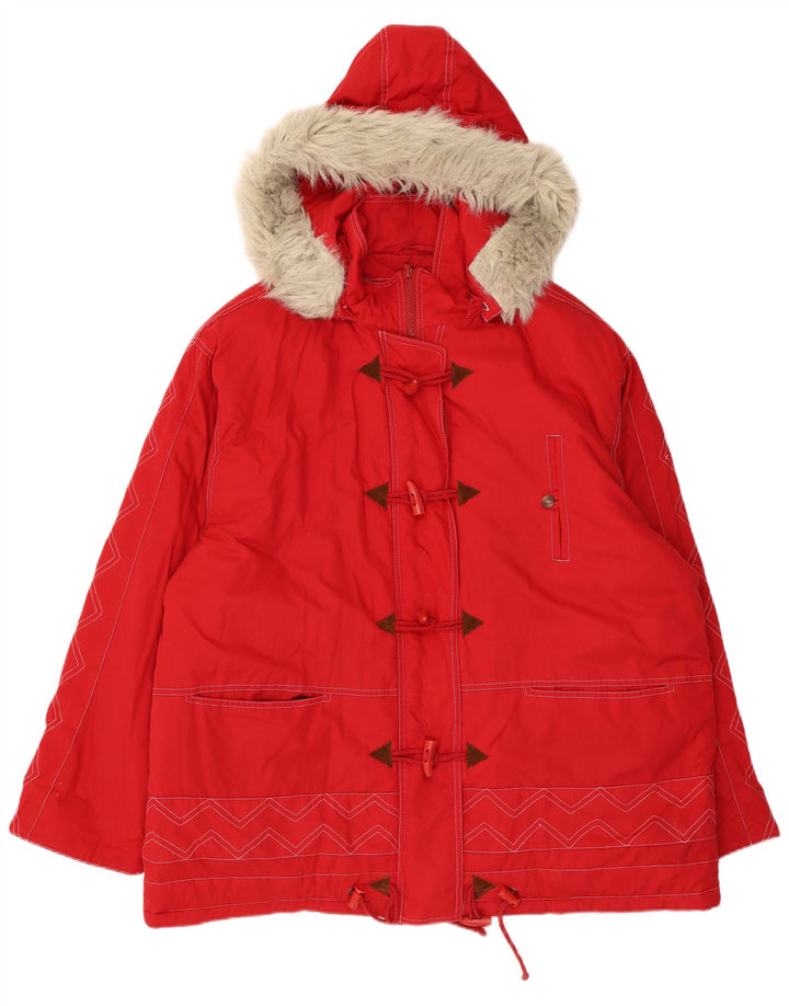 Damska kurtka parka z kapturem w stylu vintage UK 24 4XL Czerwony Chevron Poliester