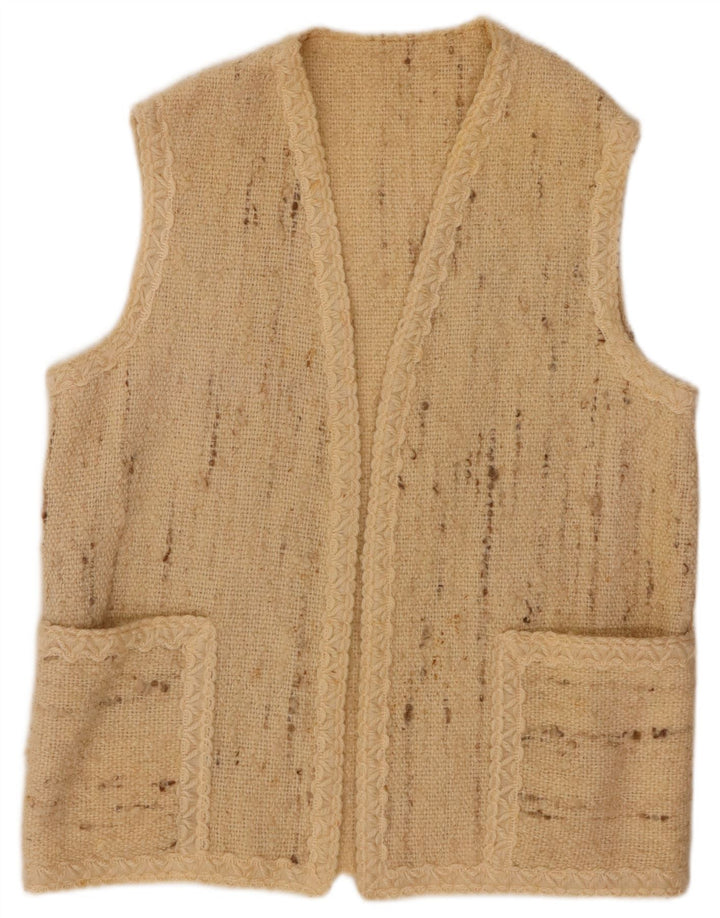 Damski sweter rozpinany bez rękawów w stylu vintage, UK 16, duży, beżowy, nakrapiany